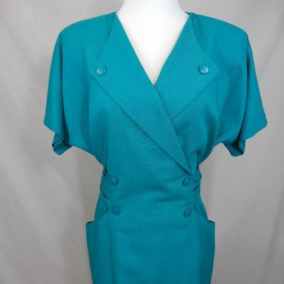 Vintage 80s Teal Dress Secretary Retro Linen Double Breasted Sheath Knee Length - Picture 6 of 13